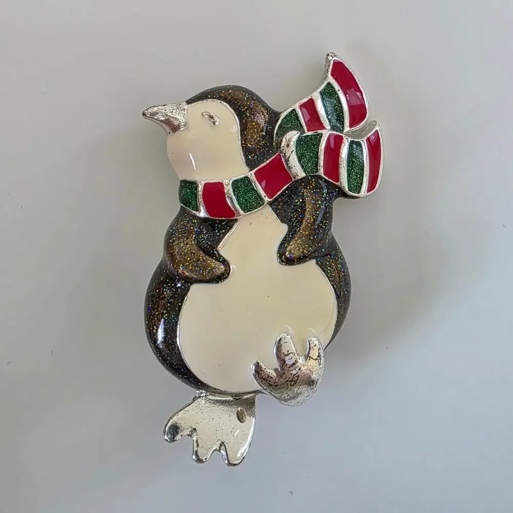 Vintage Enamel Penguin Brooch Winter Scarf Silver Tone Pin Holiday Jewelry